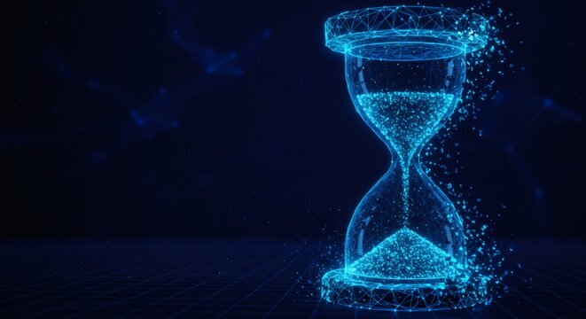 Digital Time Futuristic Hourglass in Glowing Blue with fleeting moment concept.