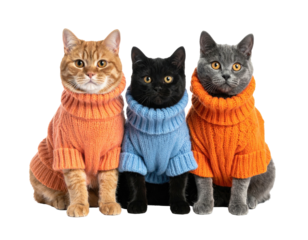 Three cats in cozy sweaters, sitting in a row