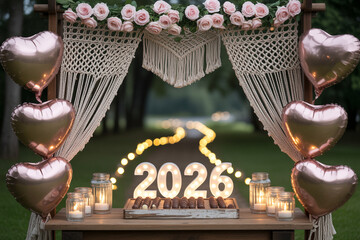 Celebrate 2026 with romantic decorations, heart balloons, candles, and delicious chocolates, perfect for a milestone event or a sweet new year celebration in a magical setting