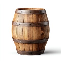 Obraz premium Oak wine barrel standing upright on white background for beverage presentation and design