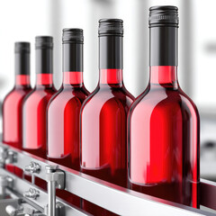 Automated bottling process for red wine in glass bottles on production line for industrial use