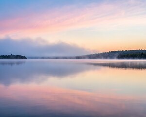 Fototapeta premium Misty sunrise over calm lake serene nature landscape