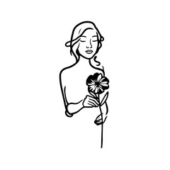 Black and white vector illustration of a beautiful woman holding a flower, minimal clean line art style