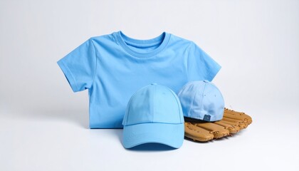 Blue Baseball Outfit Tshirt with Caps  Glove on White.