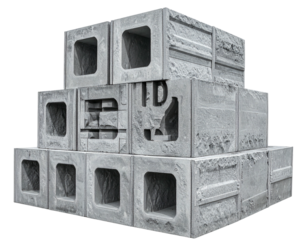 Stacked gray concrete blocks, forming a pyramid-like structure