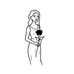 Black and white vector illustration of a beautiful woman holding a flower, minimal clean line art style