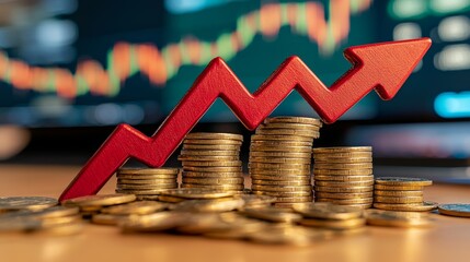 Rising Profits  Red Arrow Growth Chart   Gold Coins