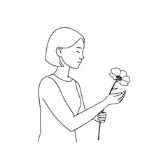 Black and white vector illustration of a beautiful woman holding a flower, minimal clean line art style