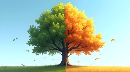 Tree with Half Yellow Leaves and Half Green Leaves Seasonal Concept