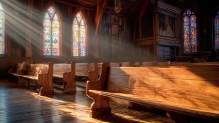 Soft light streams through vibrant stained glass windows illuminating the interior of a serene church. The wooden pews create a warm and inviting atmosphere during the afternoon - Powered by Adobe