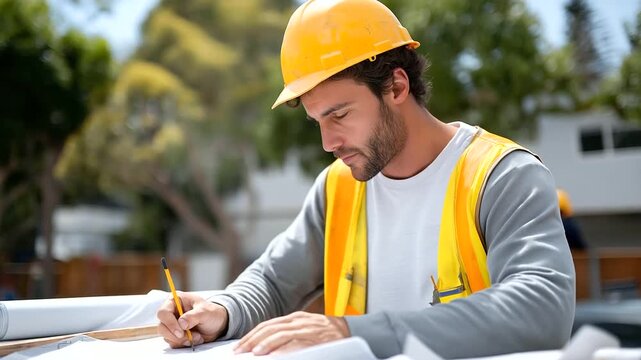 Construction foreman marking blueprint at site hammering workers spread on truck hood nearby hard hat rising suburb. Gritty photo with paper creases hammer marks housing prog
