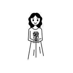 Black and white vector illustration of a beautiful woman holding a flower, minimal clean line art style