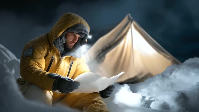 Explorer reading creased map by dented lantern on snowfield bundled face. Rustling paper in wind flapping canvas tent powdery snow swirls. Photo with paper folds lantern glow