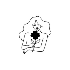 Black and white vector illustration of a beautiful woman holding a flower, minimal clean line art style