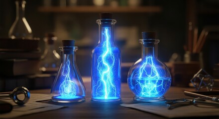 Three glass flasks containing glowing blue lightning bolts on a wooden table