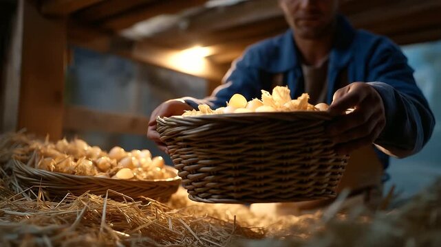 Farmer collecting eggs from coop in harvest season clucking hens scattered straw filling baskets sunrise through slats. Cozy photo with egg shells straw textures morning farm