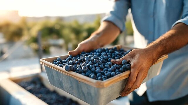 Hands picking fruit on city rooftop dirt stained palms prickly blueberry stems. Dented metal tray creased paper label on pot frayed tarp. Humming city below. Photo with berry