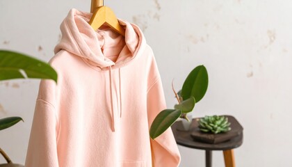 Pink hoodie on wooden hanger with fashion concept, and interior decor.