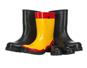 Assorted work boots and rain boots
