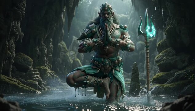 An ascetic sage meditates in a cave while holding a trident, radiating spiritual focus, power, and mystical energy.