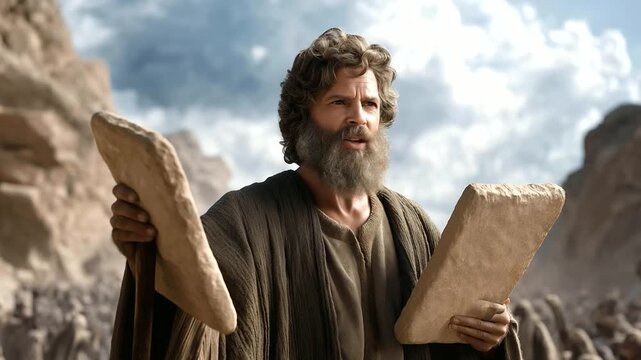 Man with matted beard holding chipped stone tablets on mountain worn wooden staff. Murmuring crowd below in dusty cloaks jagged swirling clouds. Majestic photo inspired by