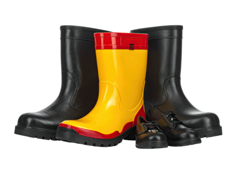 Assorted work boots and rain boots