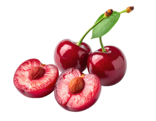 Close-up of ripe cherries, some halved, displaying juicy red flesh and a central seed.  Fresh, vibrant cherries with green leaves on a stem