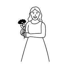Black and white vector illustration of a beautiful woman holding a flower, minimal clean line art style