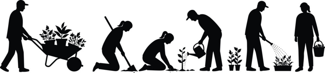 Black silhouette vector illustration of people gardening with tools, planting, watering, harvesting, wheelbarrow, hose, basket, outdoor farming activities