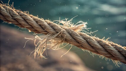 Frayed rope under tension shows signs of wear and pressure against blurred water background