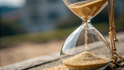 Hourglass with sand flowing under pressure symbolizes price of time