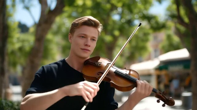 Street performer playing violin in park singing strings tip hat pausing passersby swaying trees. Melodic photo with string vibes coin glints calm artistry. three quarter wide