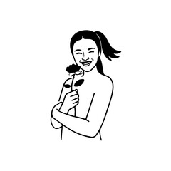 Black and white vector illustration of a beautiful woman holding a flower, minimal clean line art style