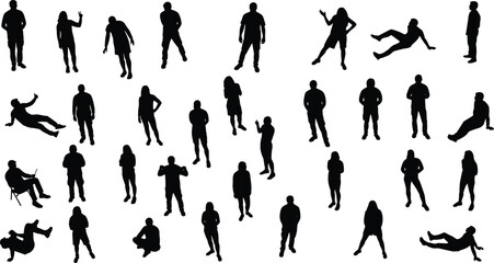 Silhouette people standing sitting casual poses, men women relaxed body positions, everyday lifestyle, modern character illustration, vector human posture set