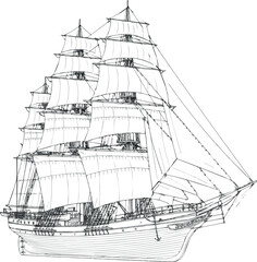 Create Detailed line drawing of a sailing vessel on white Background. © MDKHURSHED