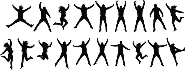 Silhouette people jumping in different dynamic poses expressing happiness, celebration, freedom, energy, movement, dance, excitement, joy, lifestyle vector illustration