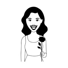 Black and white vector illustration of a beautiful woman holding a flower, minimal clean line art style