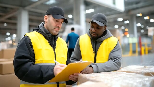 Team inspecting packages in snowy warehouse creaking metal roof crinkled plastic wrap on rusted conveyor. Dented clipboard with creased checklist frayed tarp on stack. Snow