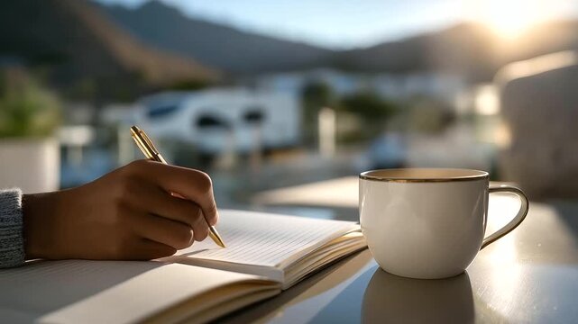 Traveler writing postcard outside RV pen scratching table set cooling coffee mug mountain view. Reflective photo with ink lines mug steam nomadic vibe. three quarter wide