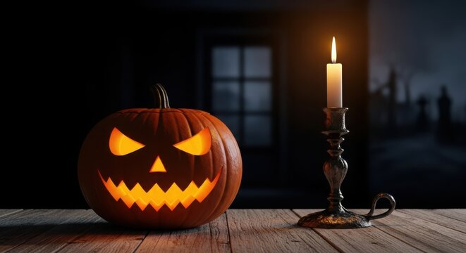 A carved jackolantern with a glowing face sits on a wooden table next to a burning candle