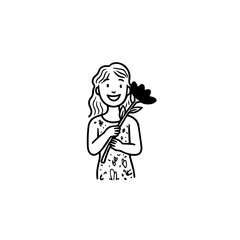 Black and white vector illustration of a beautiful woman holding a flower, minimal clean line art style
