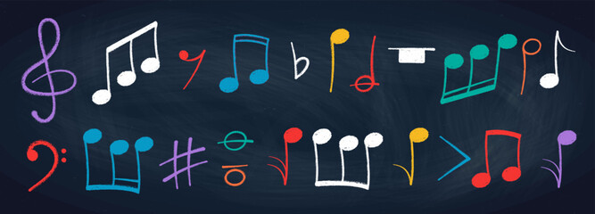 Crayon pastel or chalk music note signs doodle hand drawn symbol shapes set. Chalkboard textured musical symbols treble, bass clefs, pauses doodle collection.