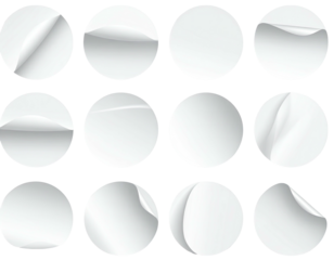 Twelve round, white stickers, each with a creased, curled edge, arranged in a 3x4 grid on a black background