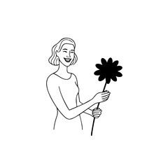 Black and white vector illustration of a beautiful woman holding a flower, minimal clean line art style