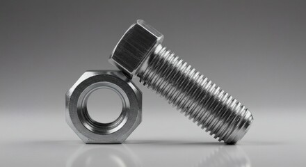 Bolt and Nut Duo Silver Fasteners on Grey with Abstract Metallic Still Life.