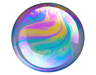 A vibrant, multicolored, abstract design within a perfectly round, reflective bubble. 