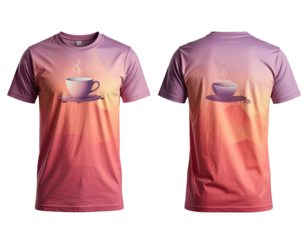 Front and back view of a t-shirt featuring a graphic design of a coffee cup with steam, on a gradient background of peach and lavender