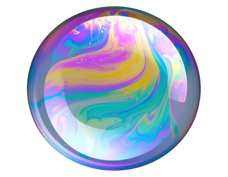 A vibrant, multicolored, abstract design within a perfectly round, reflective bubble. 