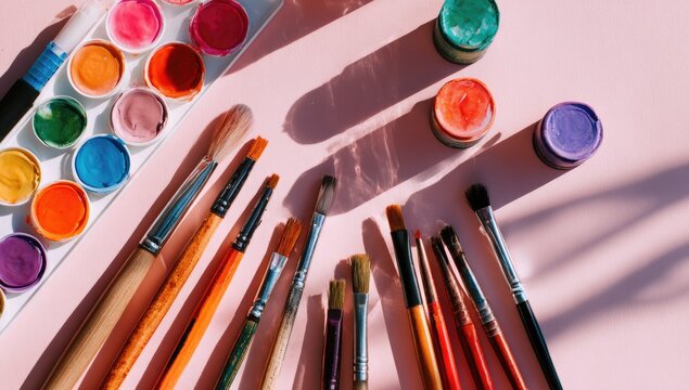 Colorful art supplies arranged on a light pink surface.  Various watercolor paints, paintbrushes of varying sizes and colors,  in a flat lay composition.  Shadows cast by sunlight - Powered by Adobe