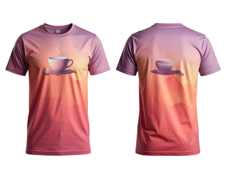 Front and back view of a  t-shirt featuring a graphic design of a coffee cup with steam, on a gradient background of peach and lavender